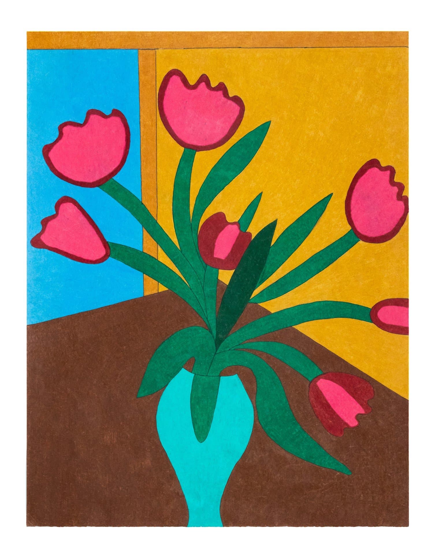 Colored pencil drawing of pink tulips in a blue vase against color-blocked background of blue, yellow, and brown