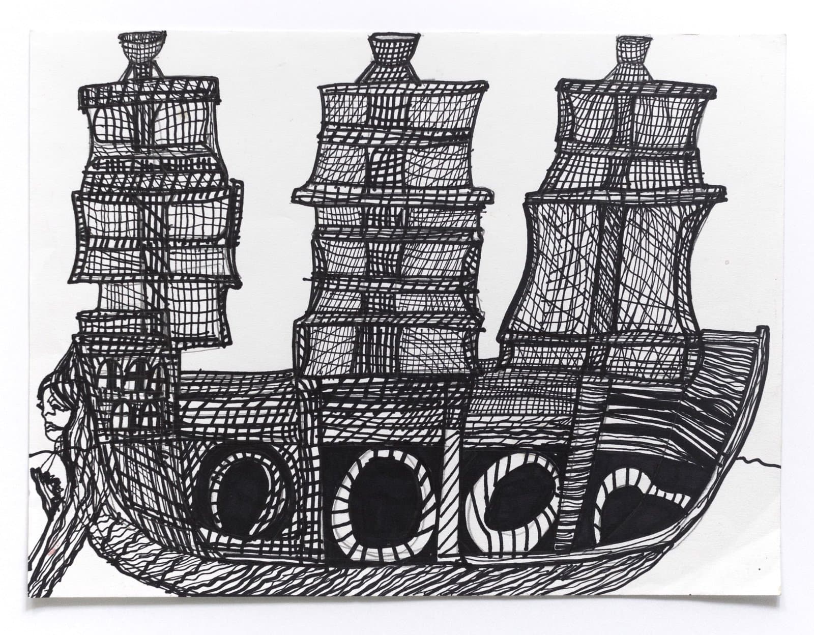 Ink drawing of sailing ship with three masts and cross-hatched shading on white paper