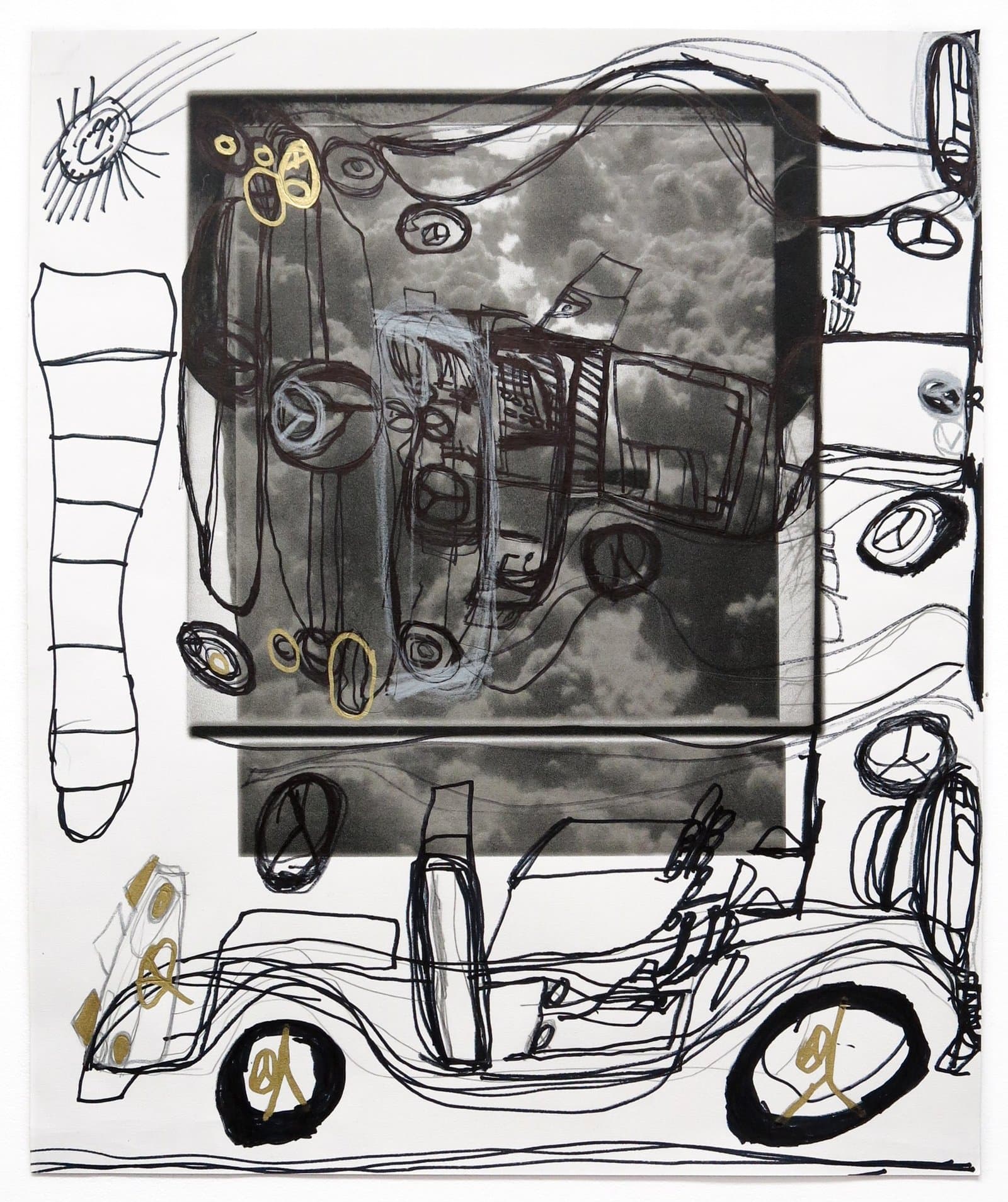Mixed media drawing with ink, charcoal, and gold accents showing a car with a television-like screen displaying a face