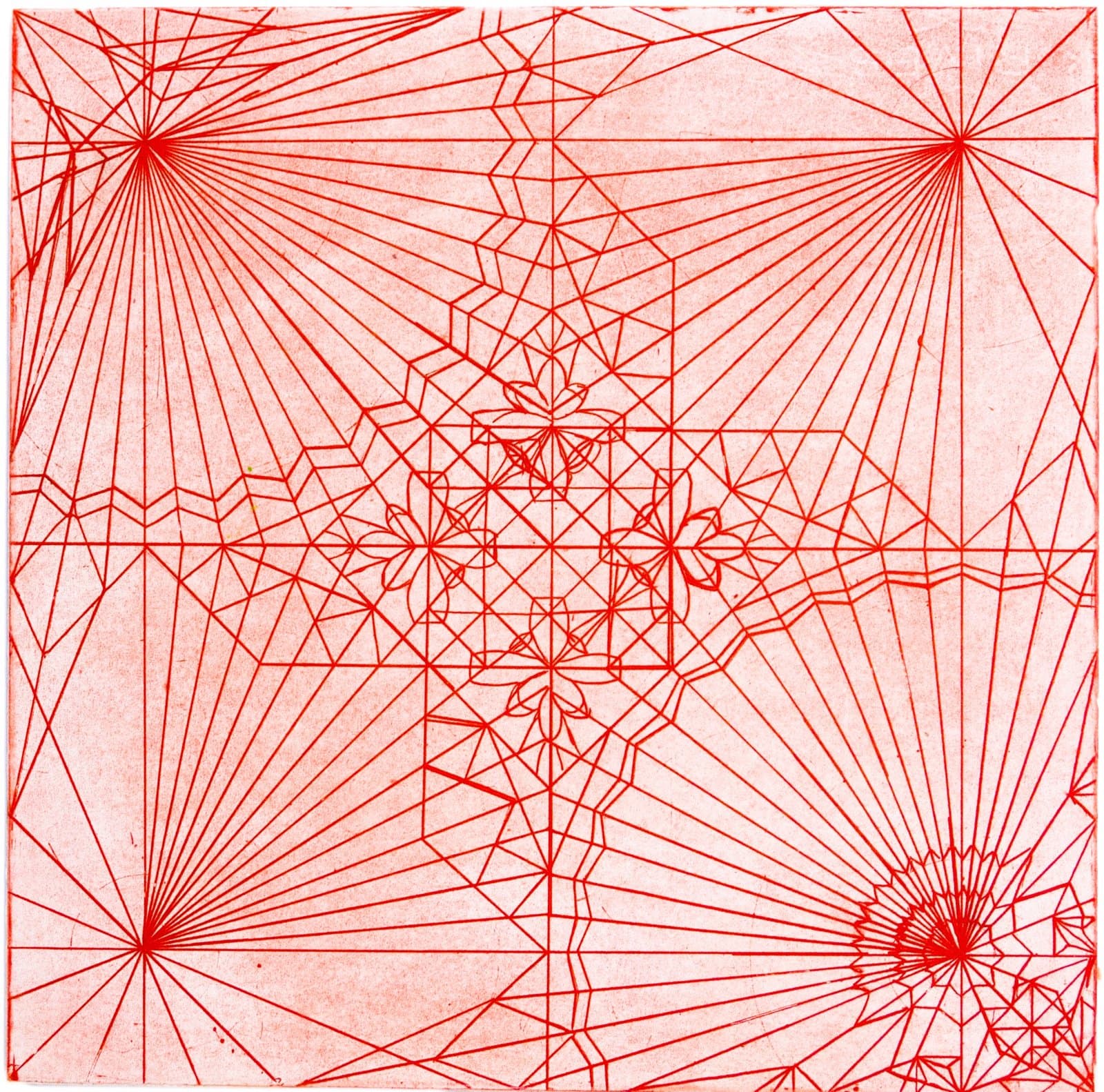Red geometric drawing with radiating lines and polygonal patterns on pink textured background
