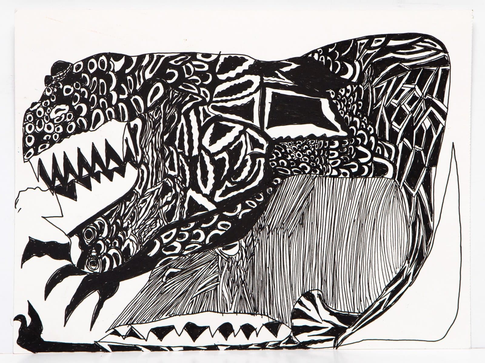Black ink drawing on white paper depicting a stylized dinosaur or monster with intricate patterned textures