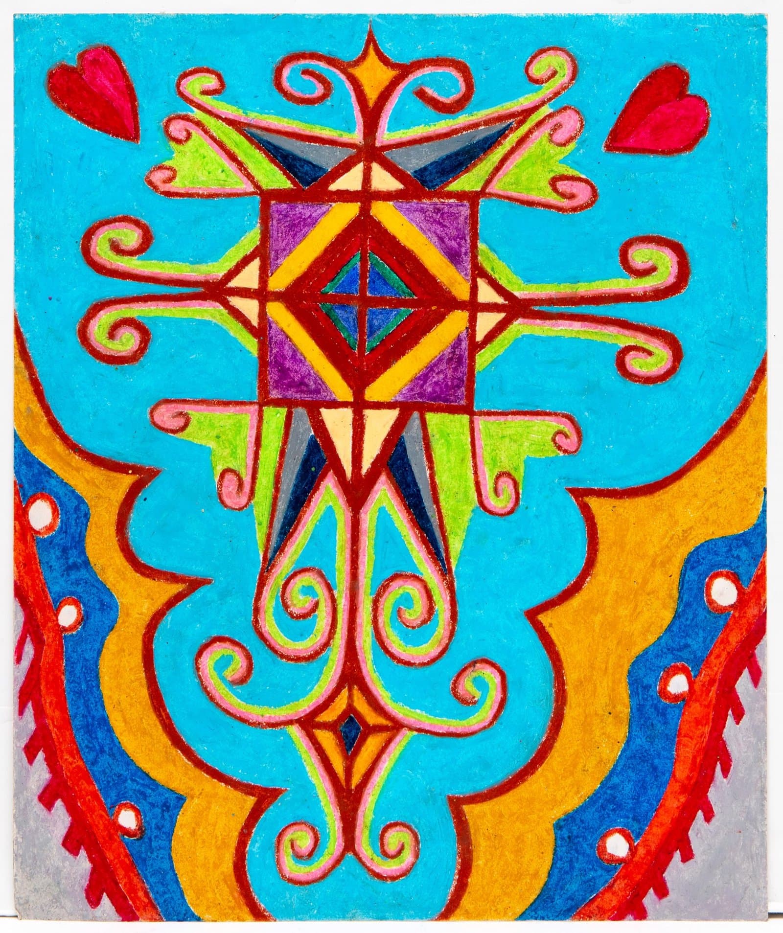 Colorful pastel drawing featuring symmetrical geometric patterns with hearts, spirals, and diamond shapes on blue background