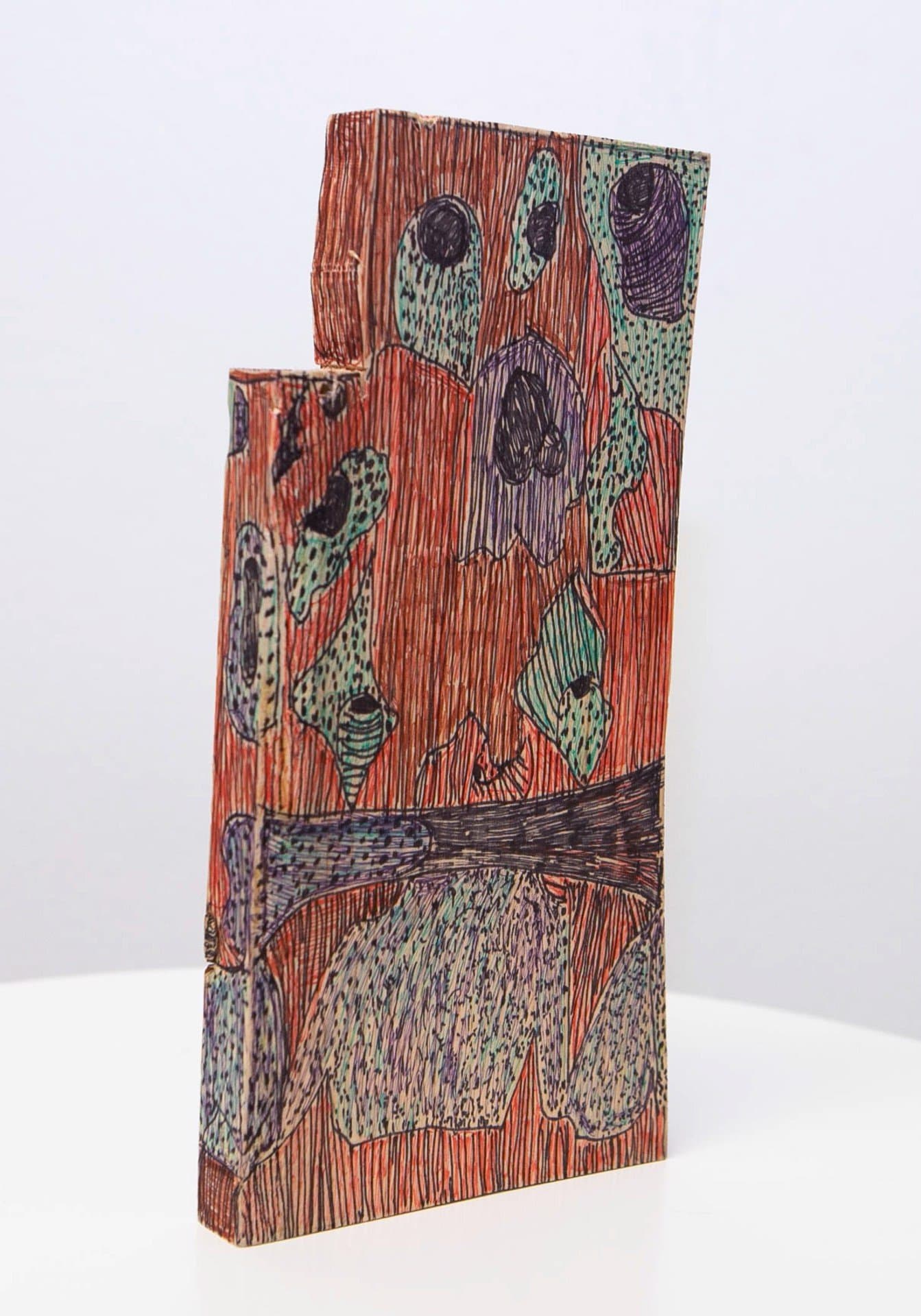 Mixed media artwork on wood panel with densely layered patterns in orange, green, and purple markers or colored pencils.