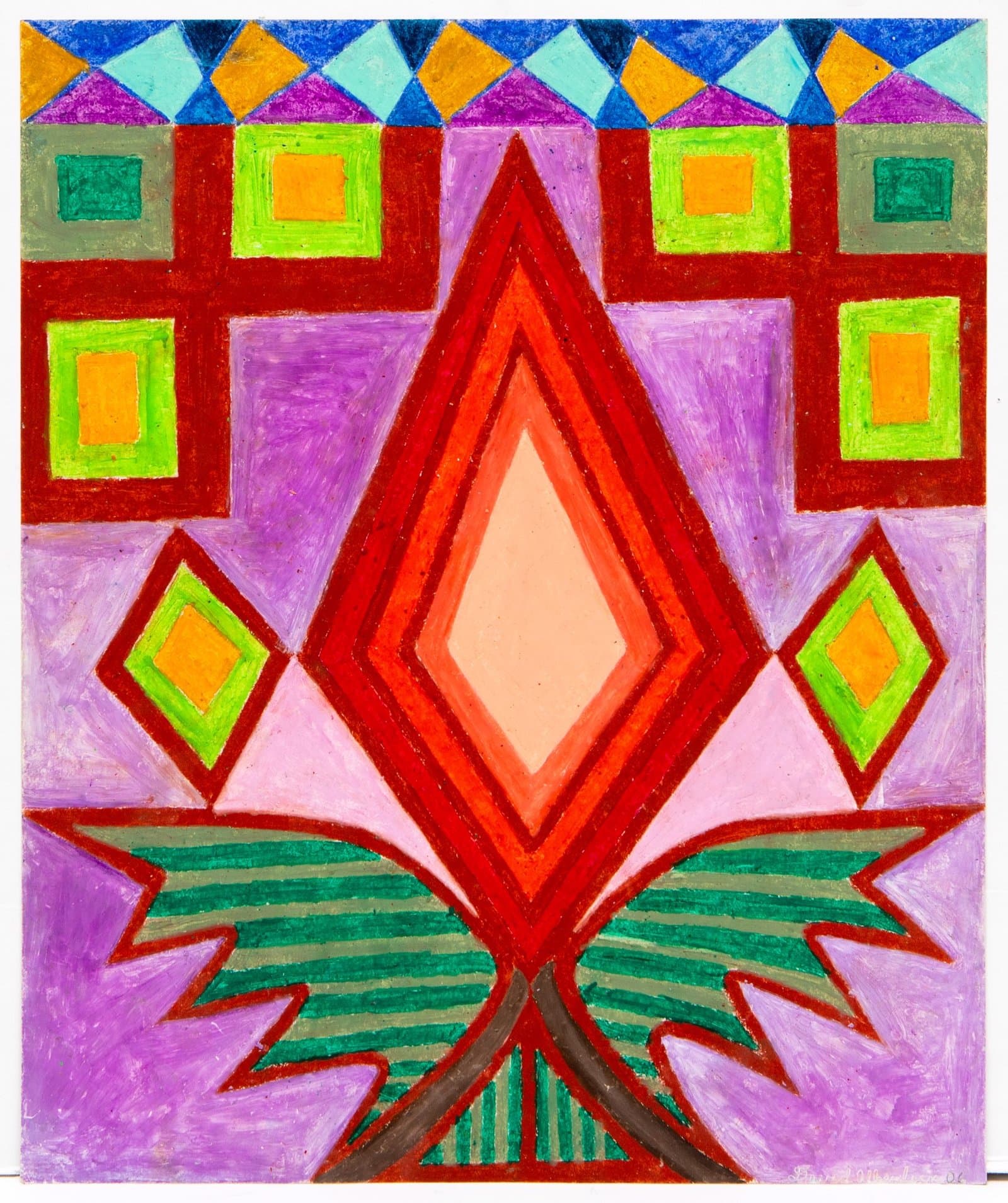 Geometric drawing in pastel featuring symmetrical patterns with diamond shapes, squares, and wing-like forms in bright colors