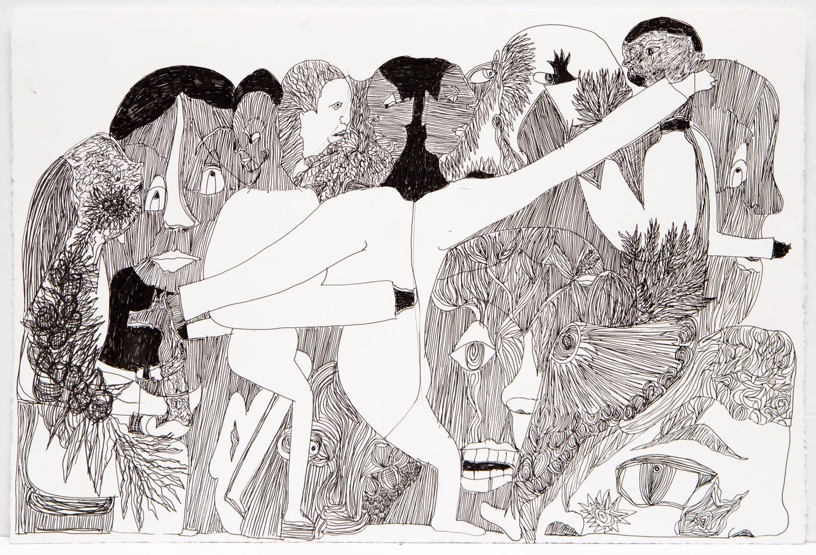 Black ink drawing on white paper featuring multiple overlapping human and animal figures with intricate linear detailing.