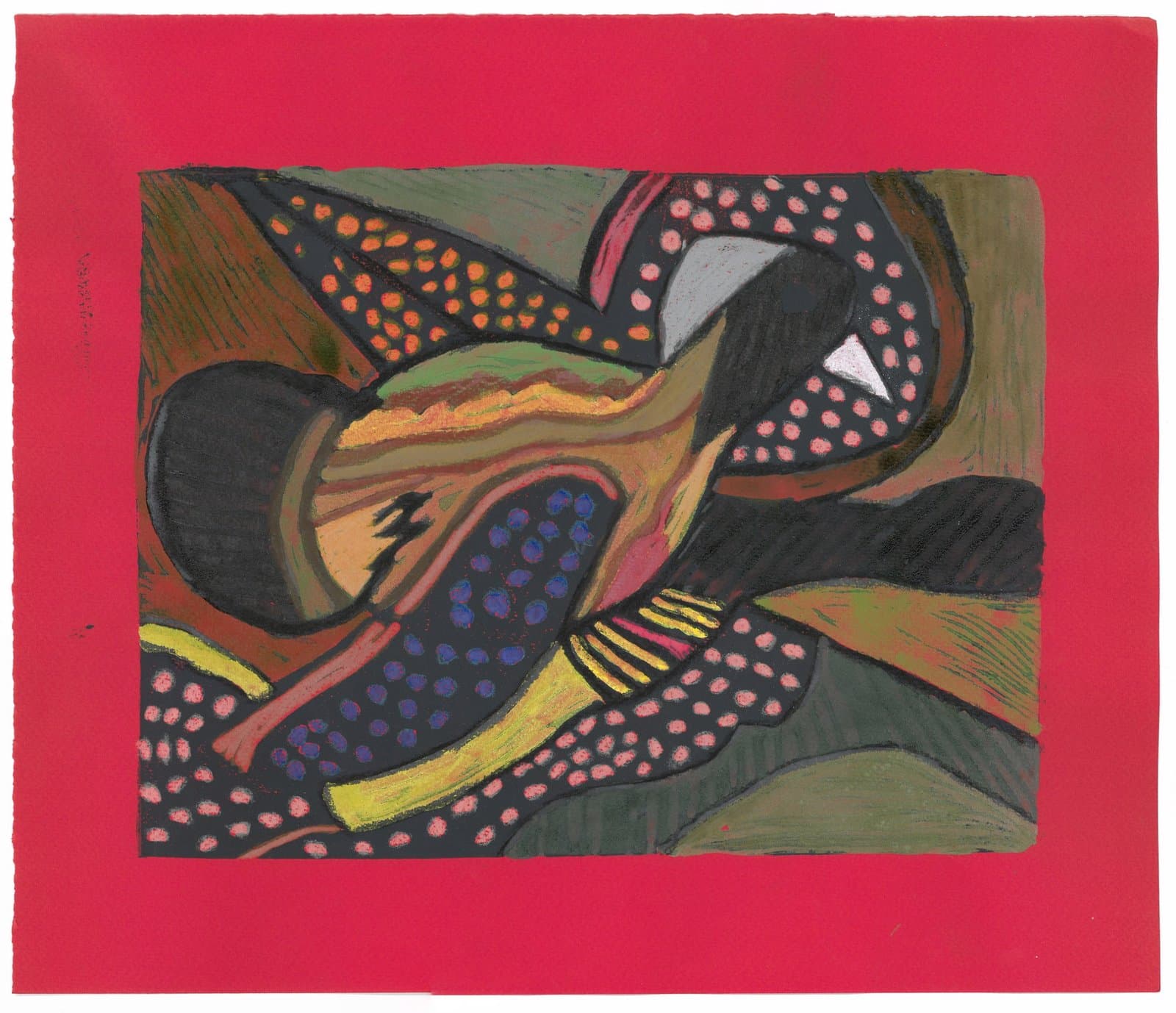 Abstract painting with flowing organic forms in pink, orange, purple, and black with dotted patterns on red matting