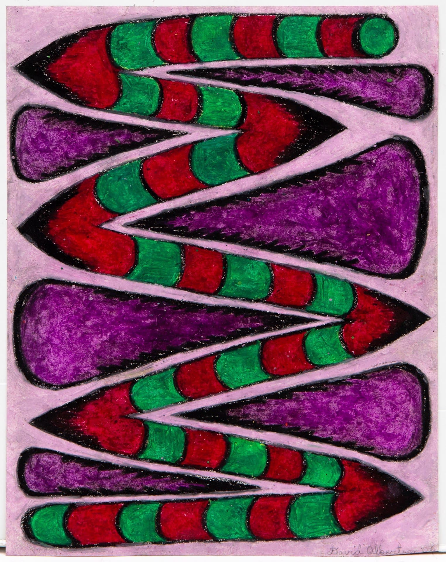 Abstract drawing with serpentine forms in red, green, and purple pastel on pink paper