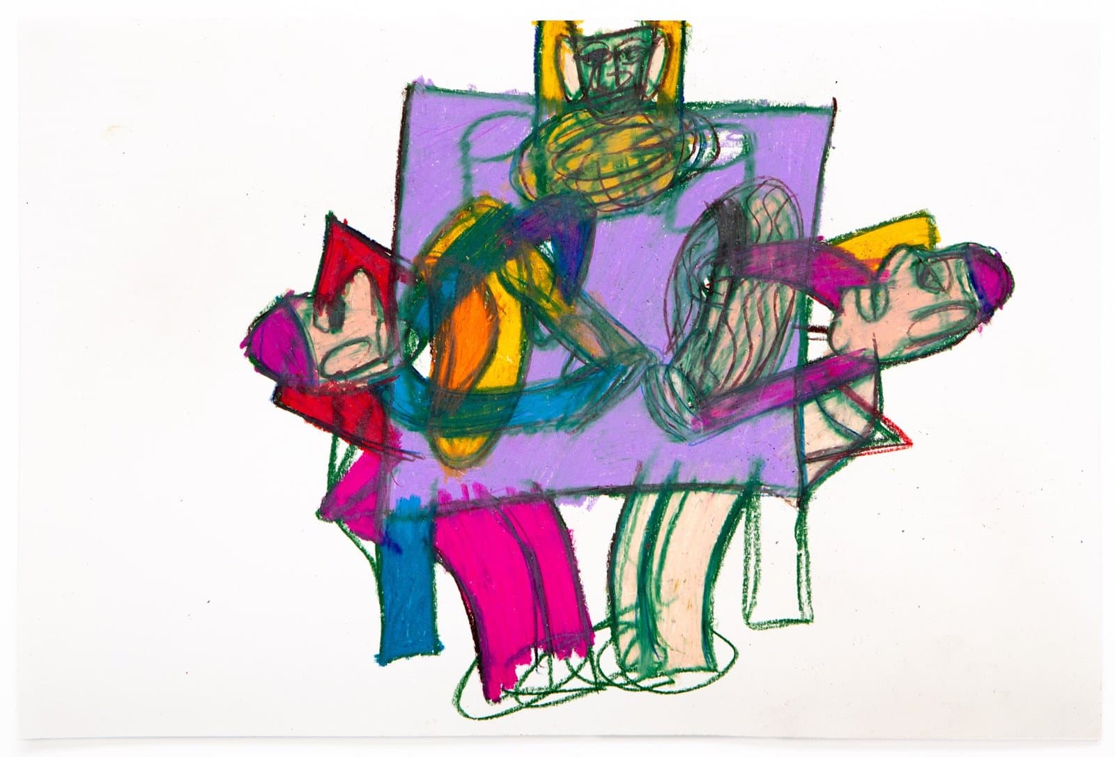 Figurative drawing in pastel showing three figures on a purple bed or couch with vibrant colors on white paper.