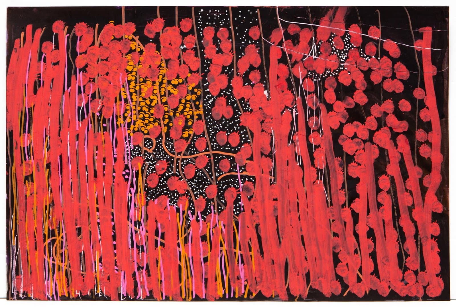 Abstract painting in acrylic with red circular forms and dripping vertical lines on black background.