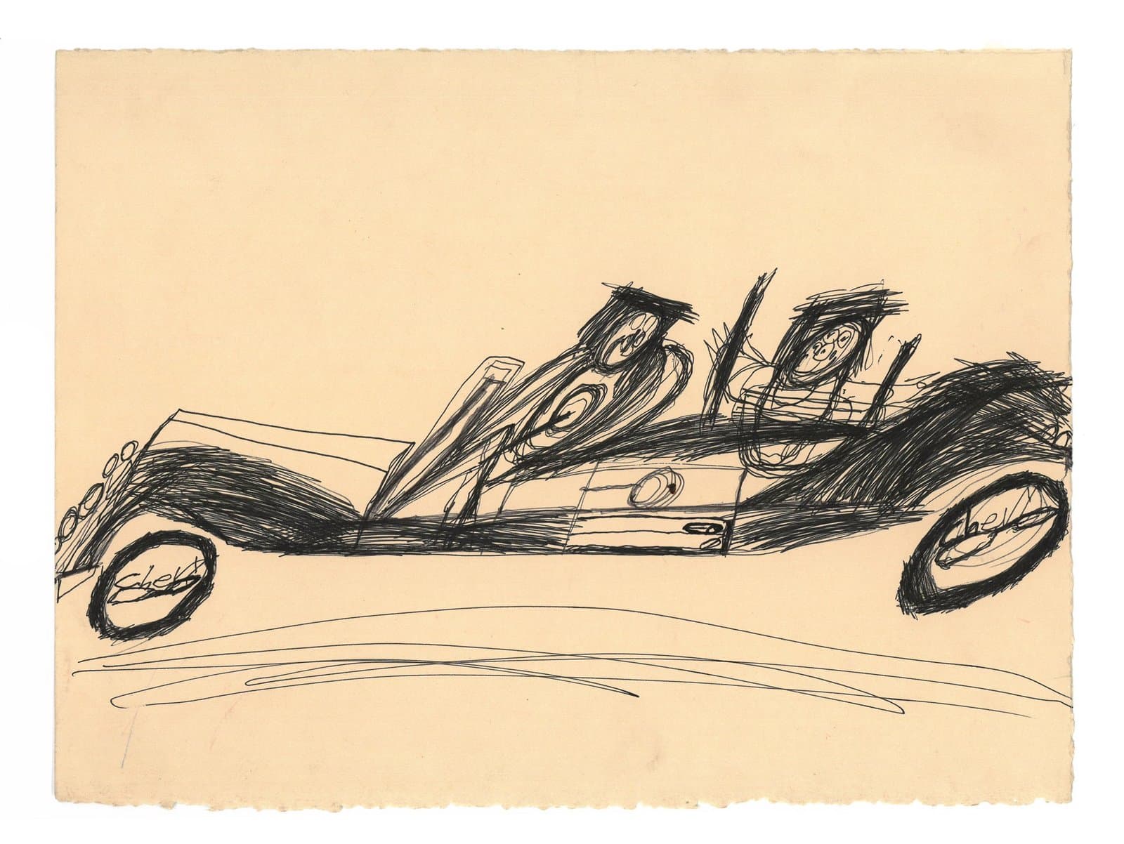 Ink drawing of a convertible car with three figures, rendered in loose black lines on cream-colored paper.