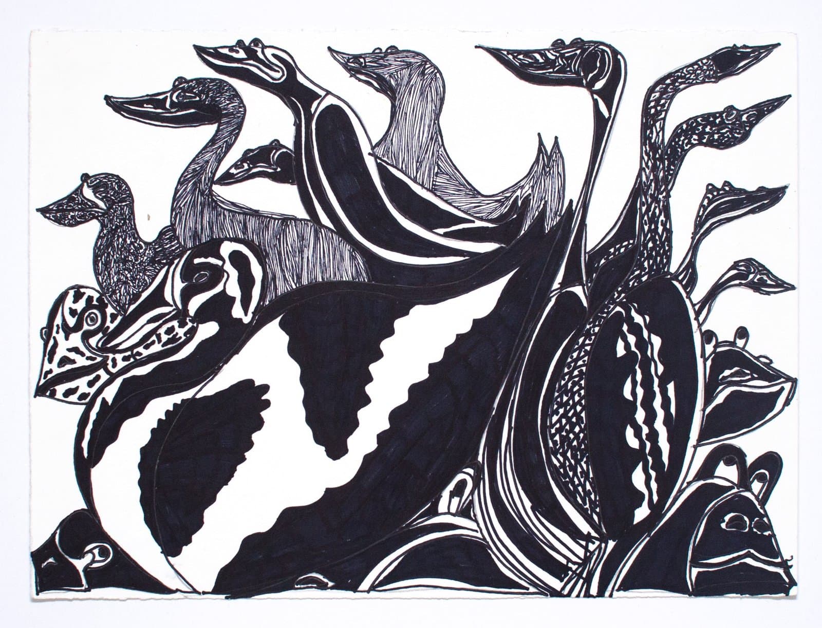 Black and white ink drawing showing intertwined serpentine forms with detailed scales and flowing curves