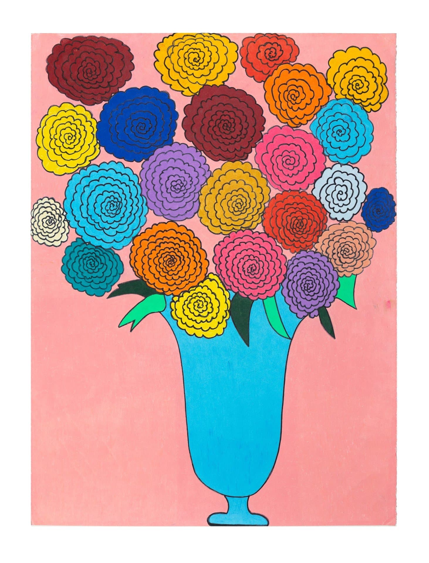 Colored pencil drawing of multicolored spiral flowers in blue vase on pink background