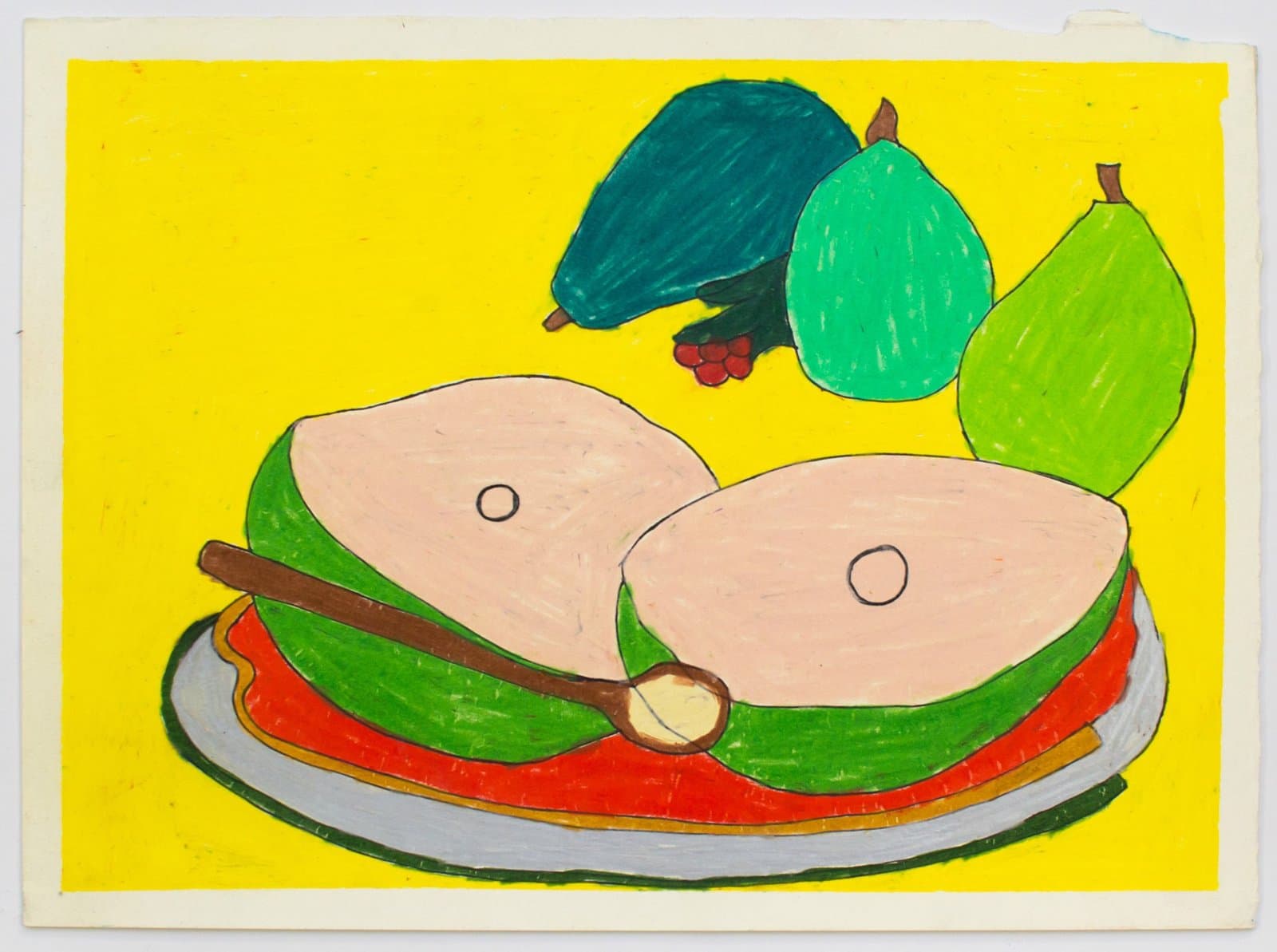 Pastel drawing of sliced avocados on a plate with whole avocados against bright yellow background