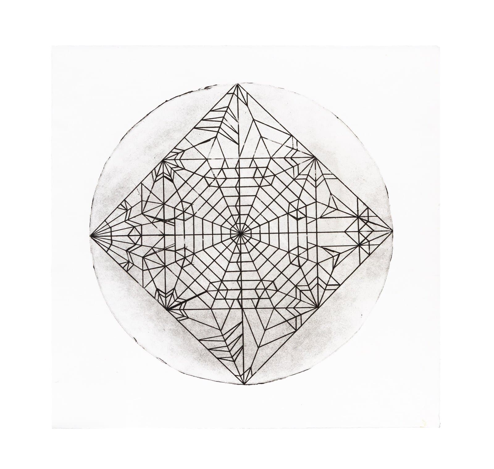 Etching featuring intricate geometric mandala pattern with diamond shape inscribed within a circle, black ink on paper