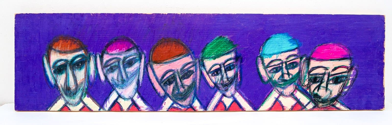 Drawing of six portrait heads in a row with colorful hair against purple background, prisma stix on wood.