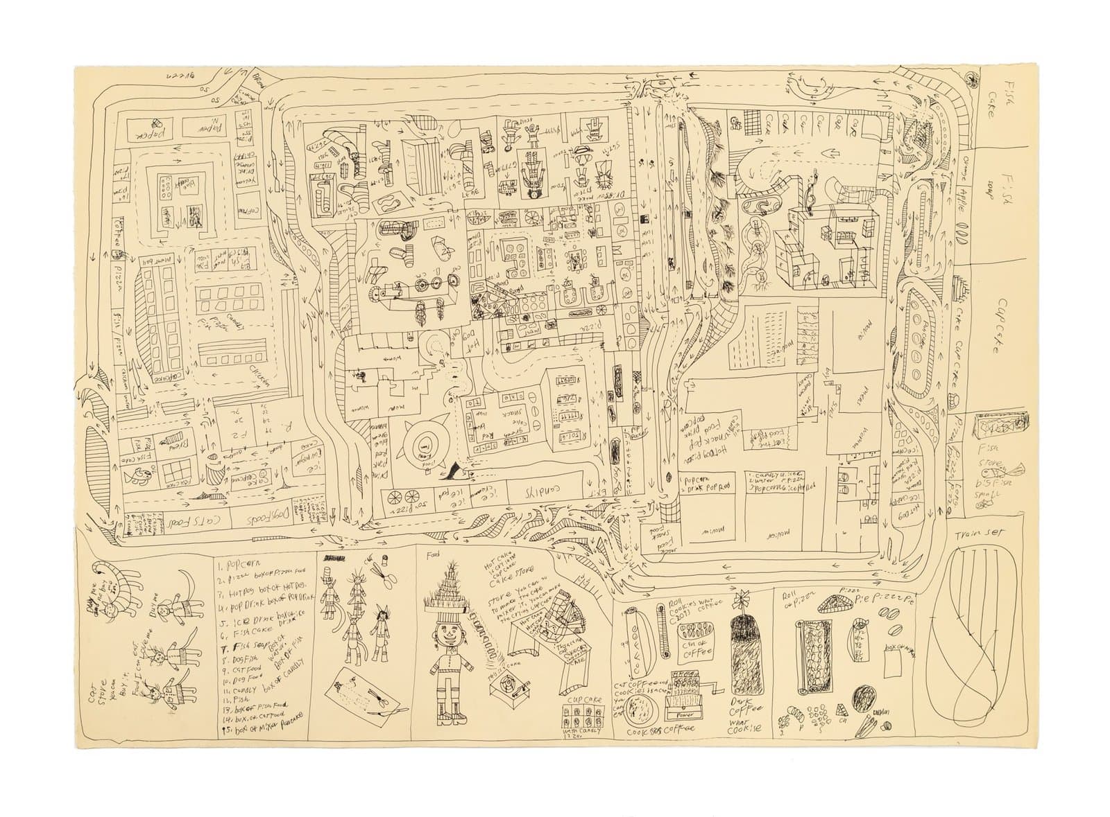 Detailed ink drawing on cream paper showing an intricate aerial view map with buildings, roads, and small illustrations