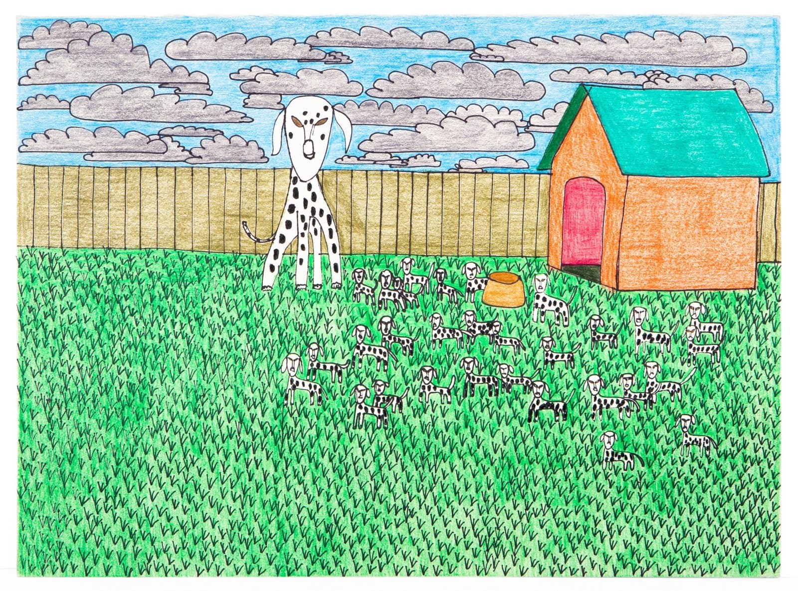 Colored pencil drawing of a backyard scene with a large spotted dog, many small puppies, and a doghouse