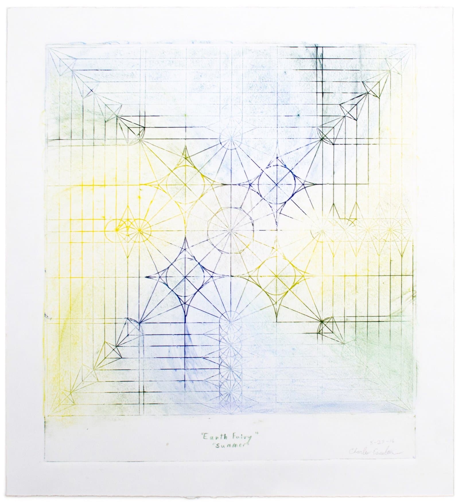 Geometric etching with overlapping star patterns, grids, and radiating lines in yellow, blue, and green on white paper