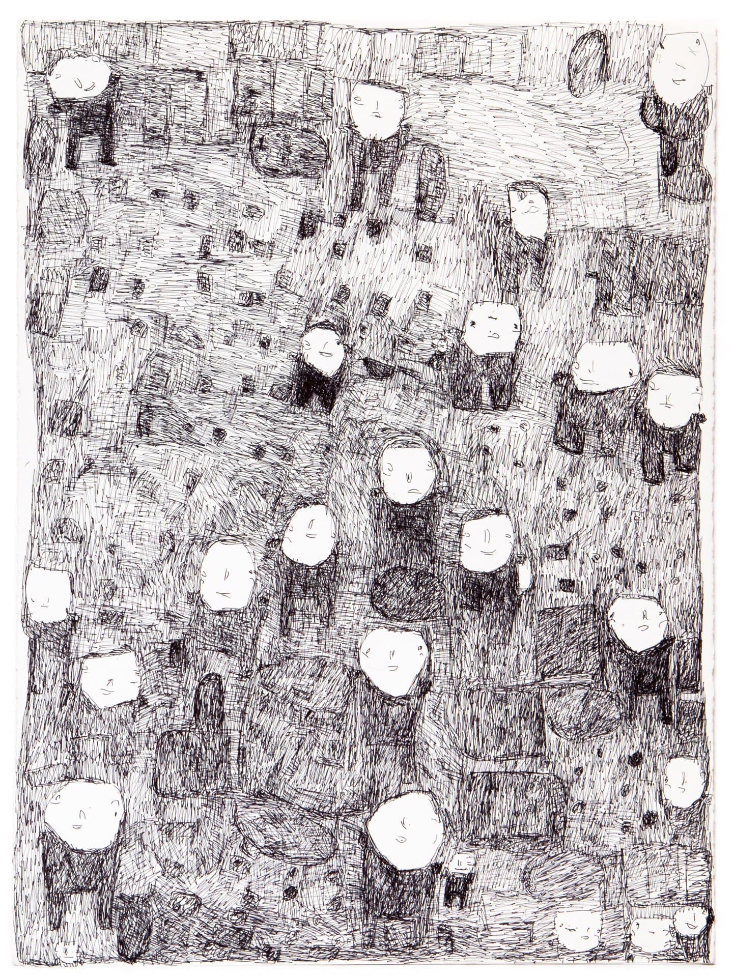 Ink drawing showing scattered simple white faces among densely crosshatched geometric shapes and architectural forms