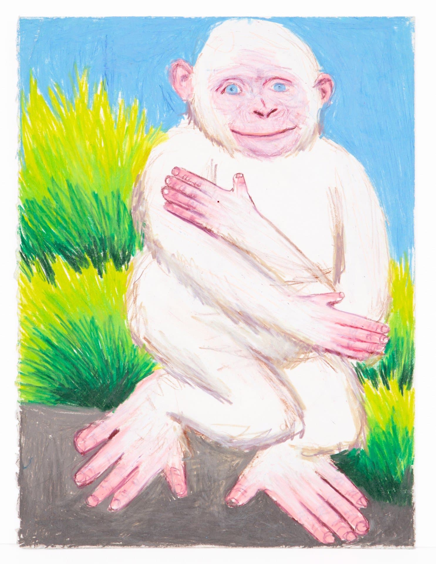 Pastel drawing of a pale pink humanoid figure with blue eyes sitting cross-legged against bright green foliage