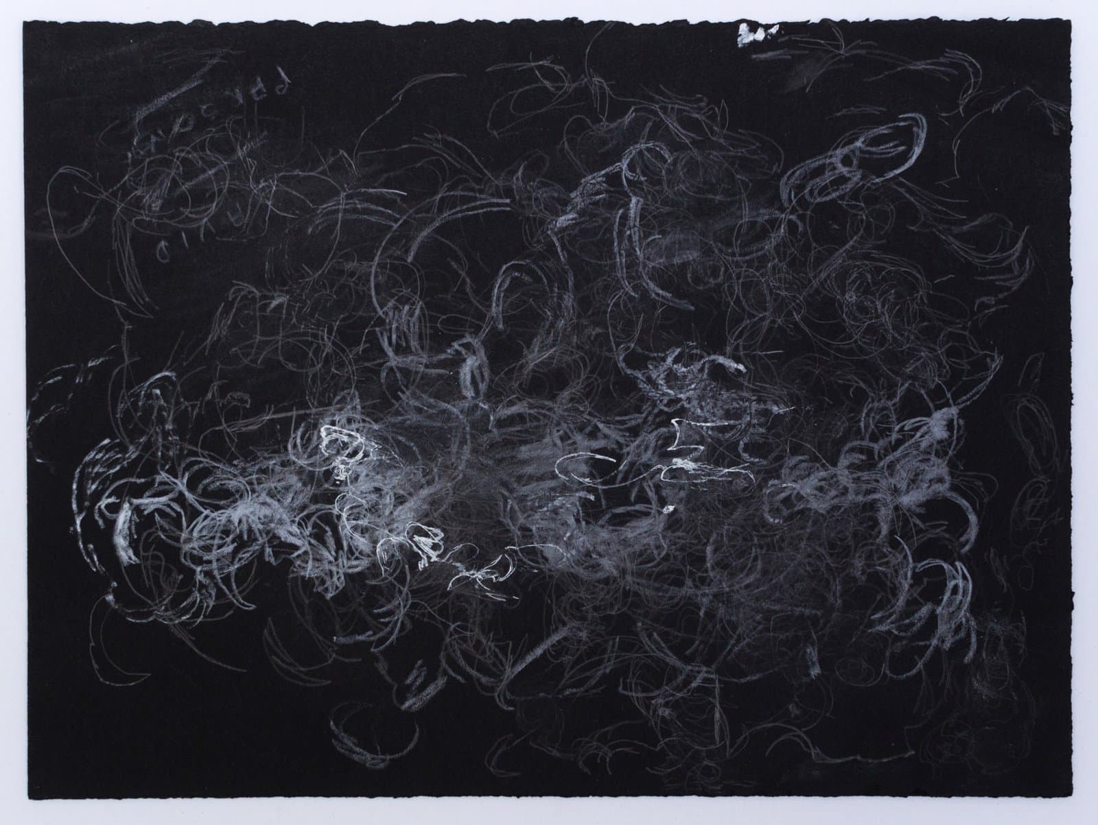 Abstract drawing with white chalk-like marks creating flowing, organic forms on black paper