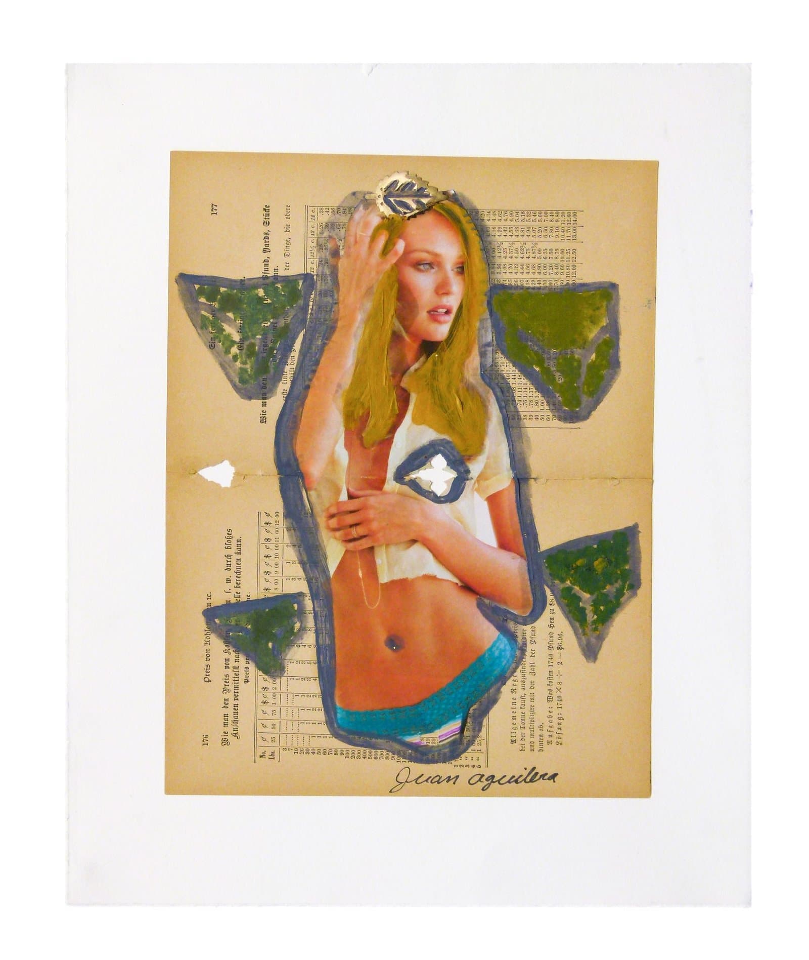 Mixed media collage featuring magazine cutout of blonde figure with painted green triangular shapes on aged paper