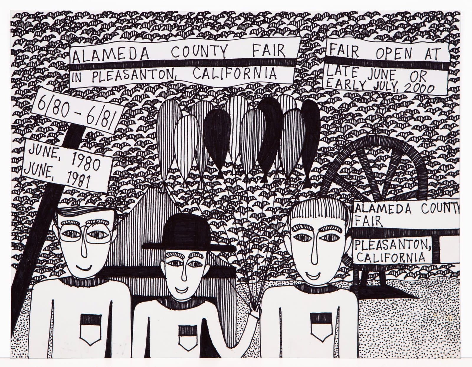 Black ink drawing on paper showing three stylized figures with text about Alameda County Fair in Pleasanton, California