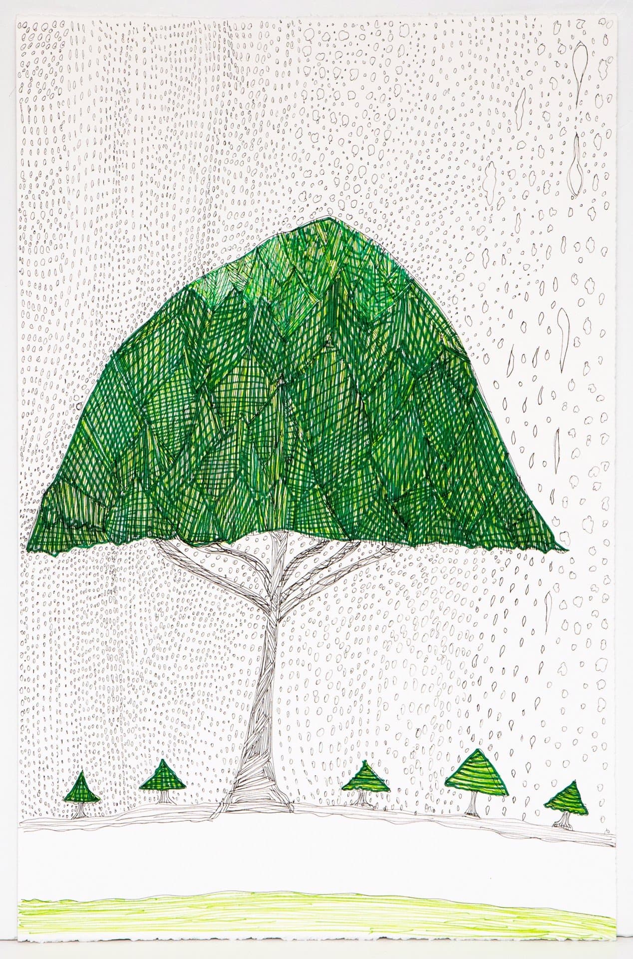 Drawing in pen on paper showing a large green tree with smaller trees below, surrounded by dense patterns of dots and marks