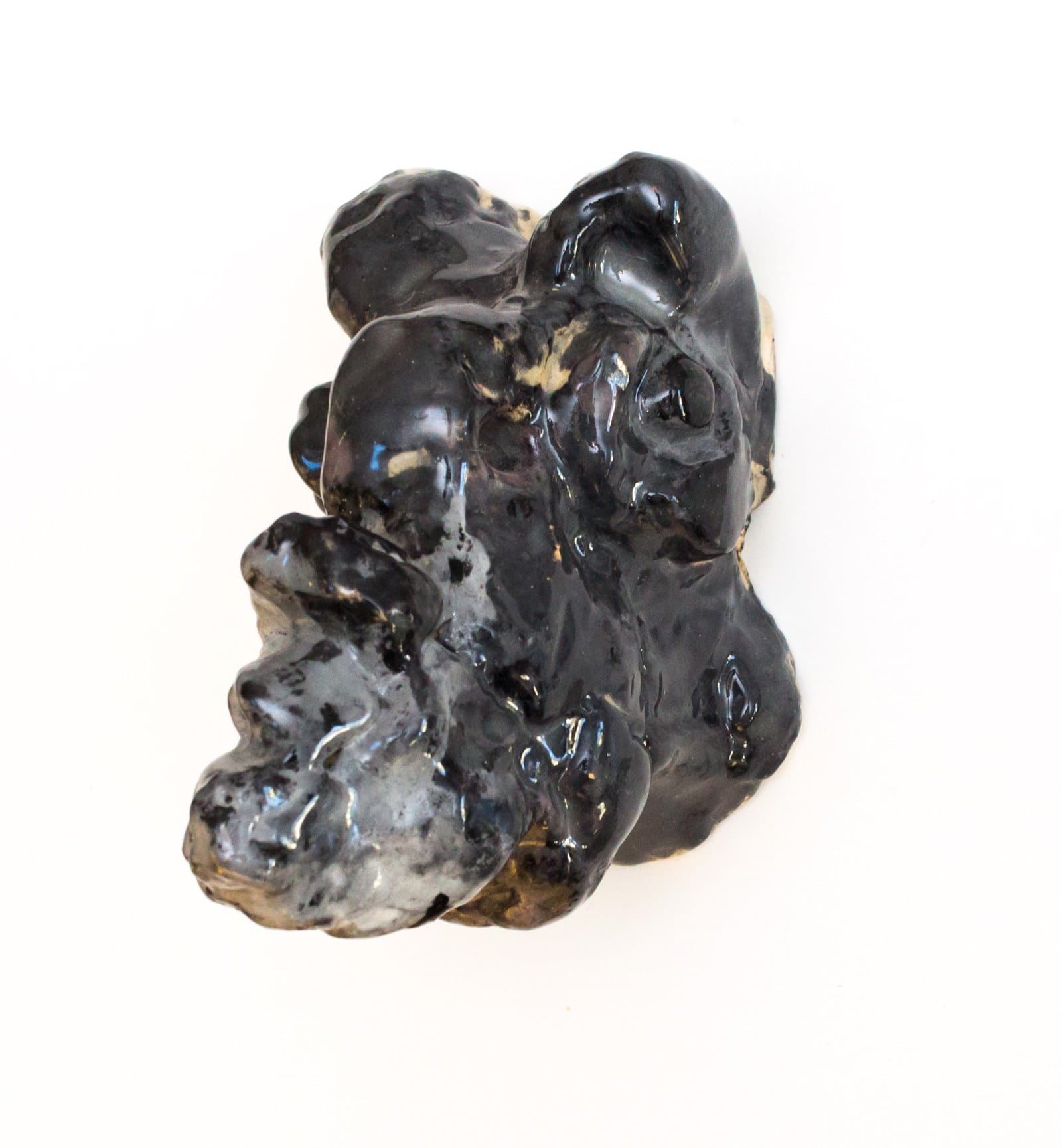 Abstract sculptural form in dark glazed ceramic with flowing, organic shapes and reflective surface