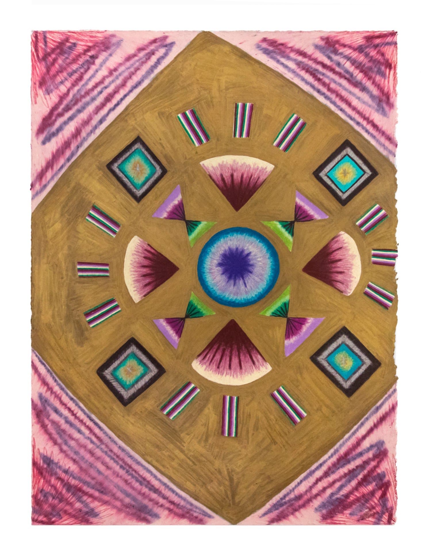 Geometric pastel drawing with diamond-shaped mandala featuring radiating patterns in pink, purple, and teal