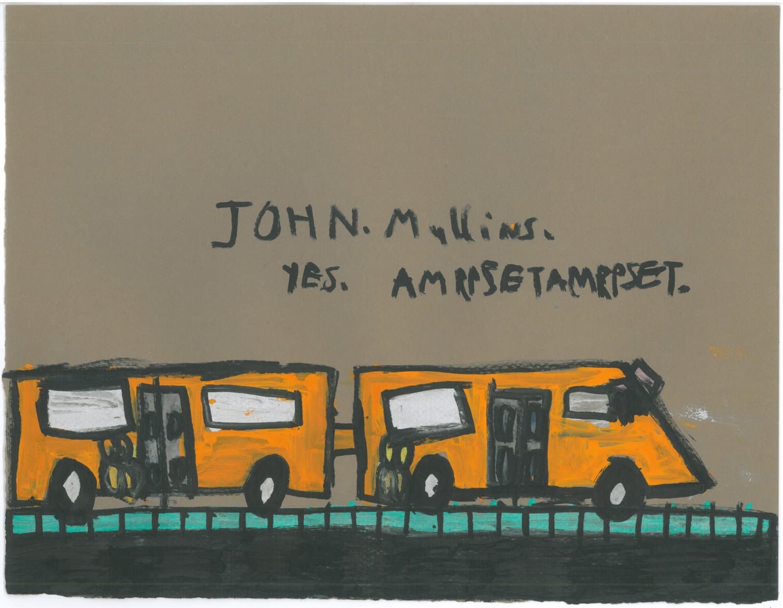 Drawing of orange buses with handwritten text above on beige paper