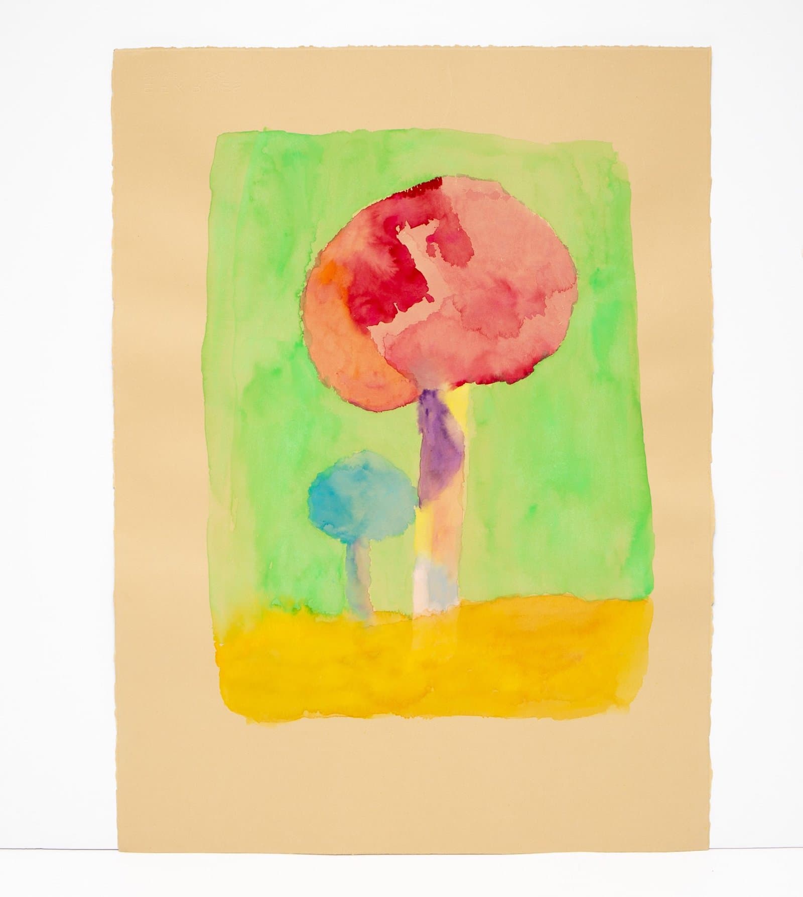 Watercolor painting of a large pink flower with multicolored stem on green background with yellow ground on tan paper.