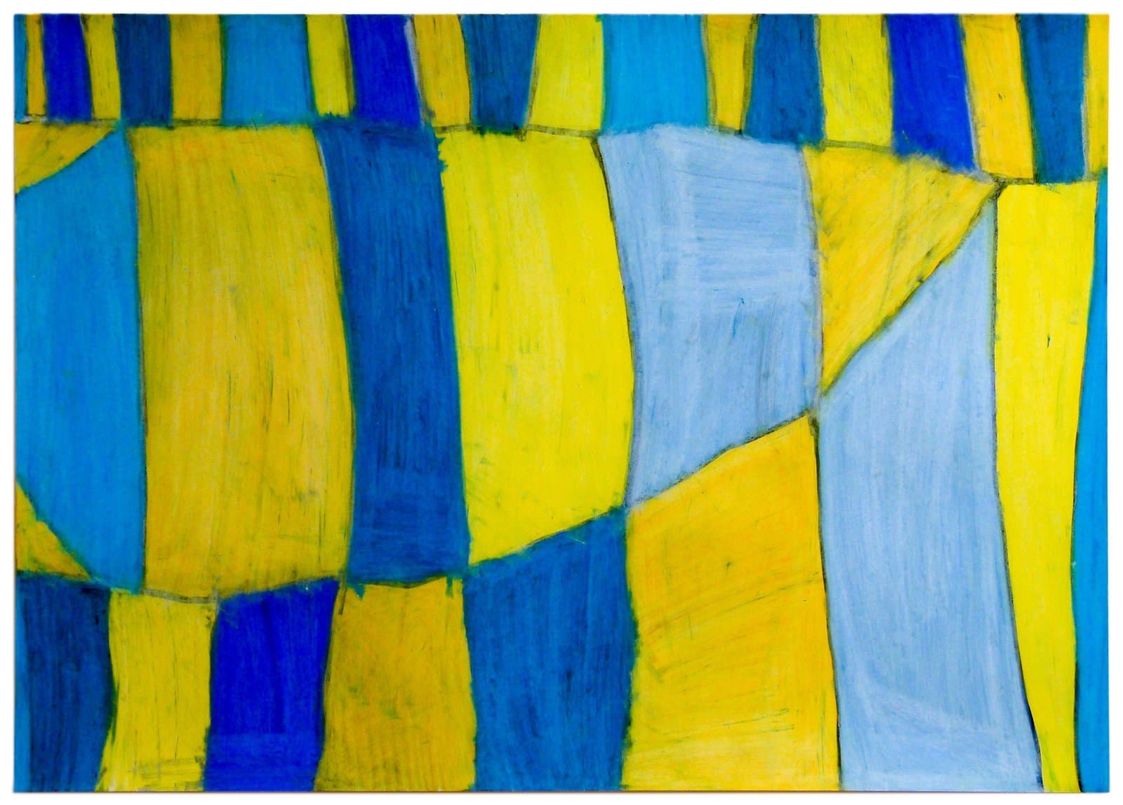Abstract painting with geometric rectangular forms in yellow, blue, and light blue arranged in a grid-like pattern on paper.