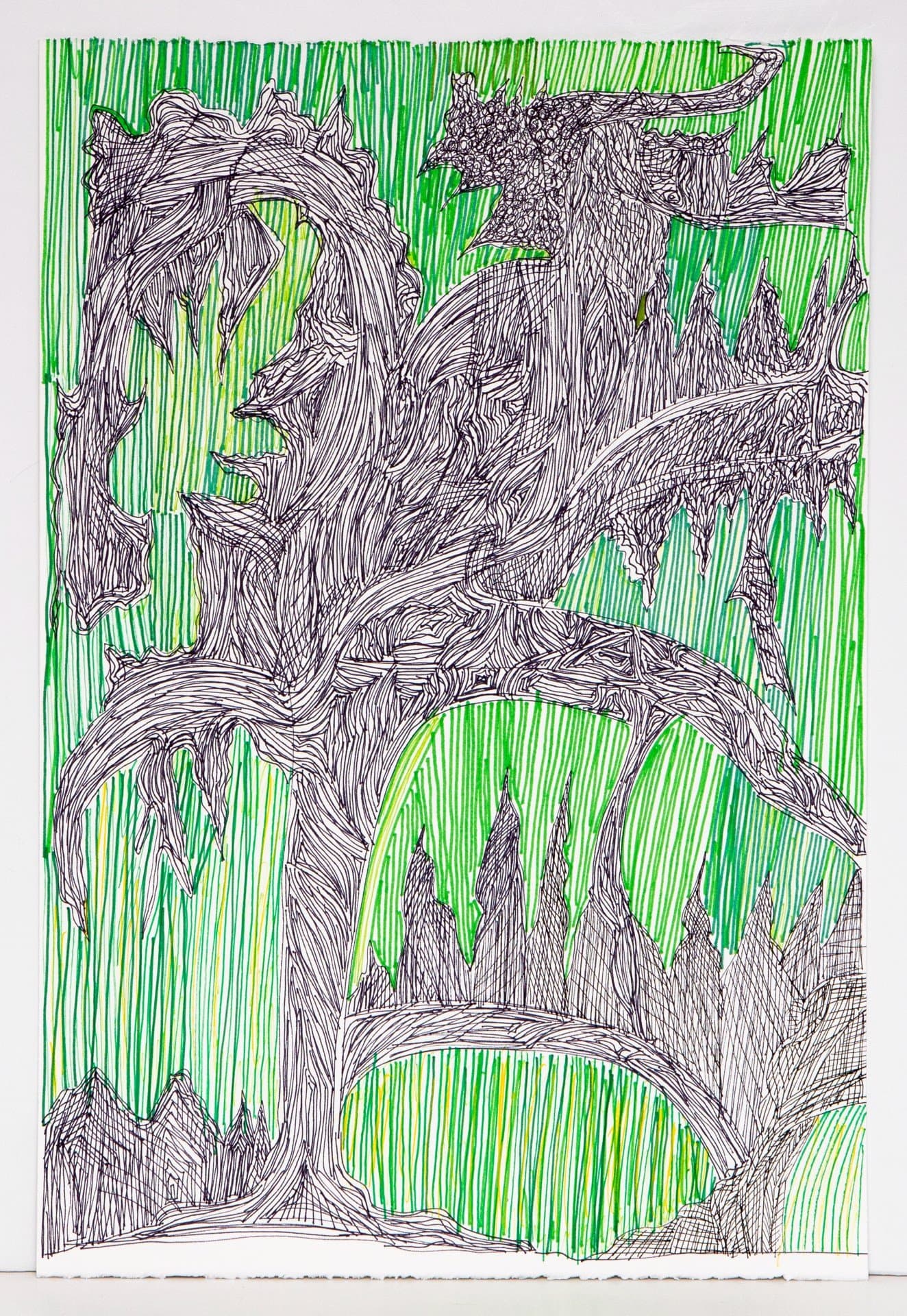 Pen drawing featuring fantastical creatures with flowing forms against vertical green lines on white paper.