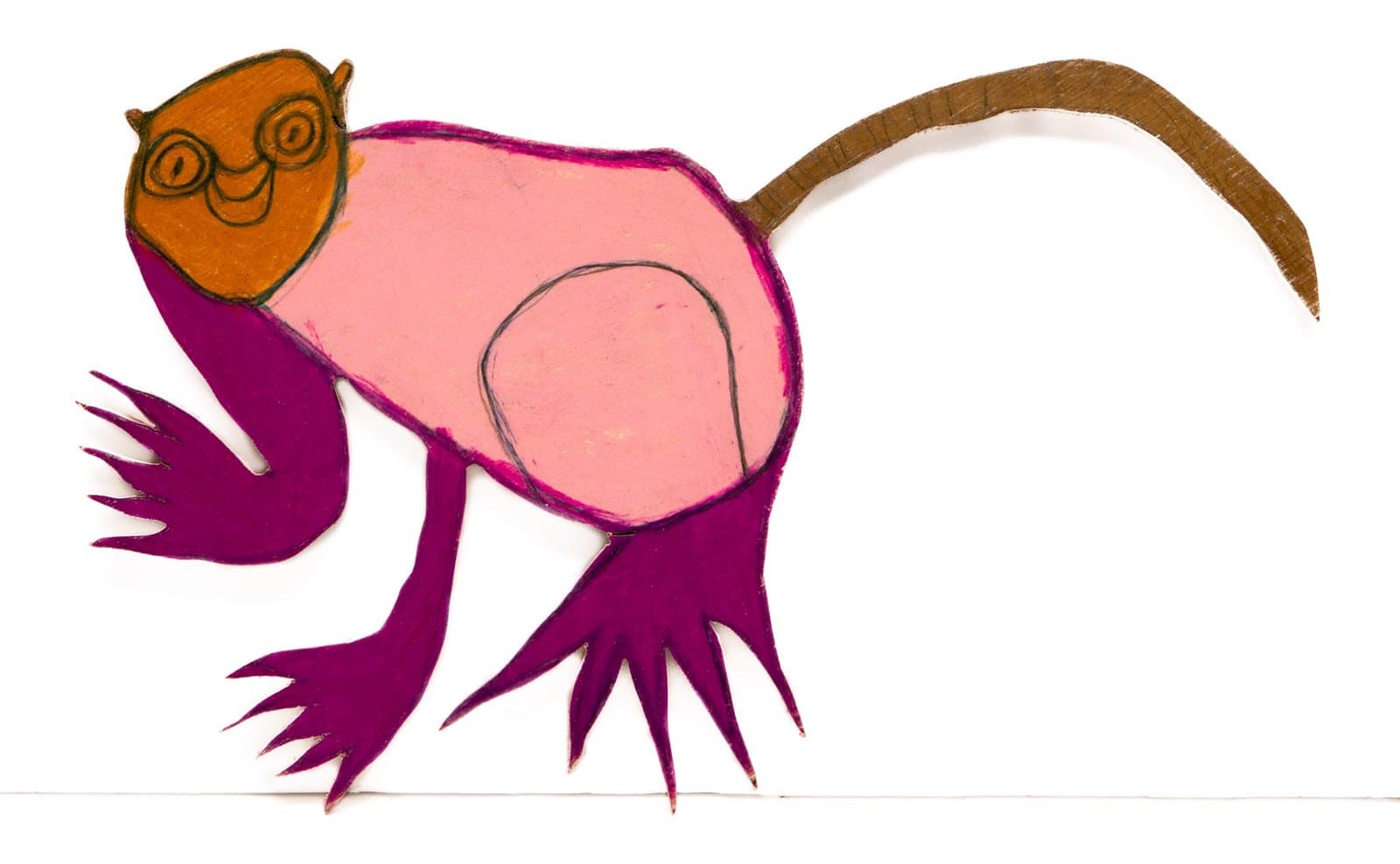 Drawing of a stylized monkey figure in orange, pink, and purple on wood with extended limbs and long brown tail.