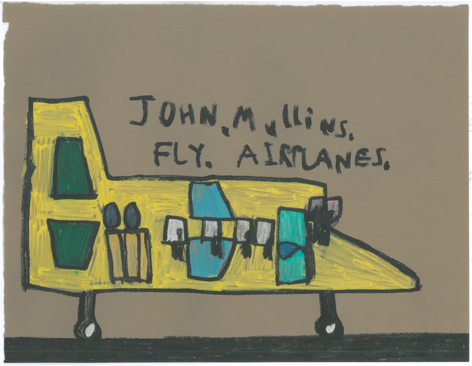 Drawing of yellow airplane in profile with passengers visible through windows, text reads 'JOHN MULLINS FLY AIRPLANES'