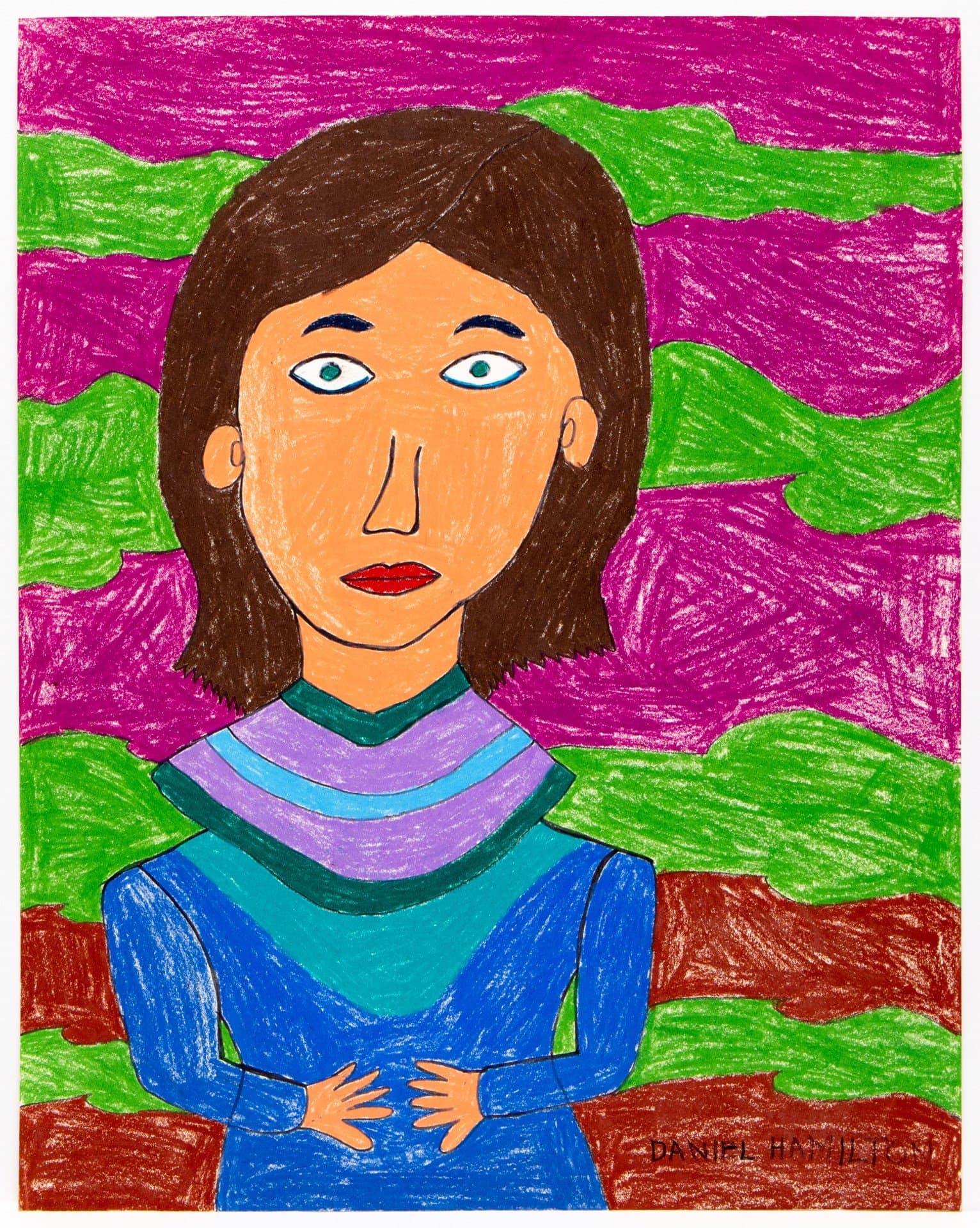 Portrait drawing in ink and crayon of a woman with brown hair wearing a striped shirt against a colorful abstract background.