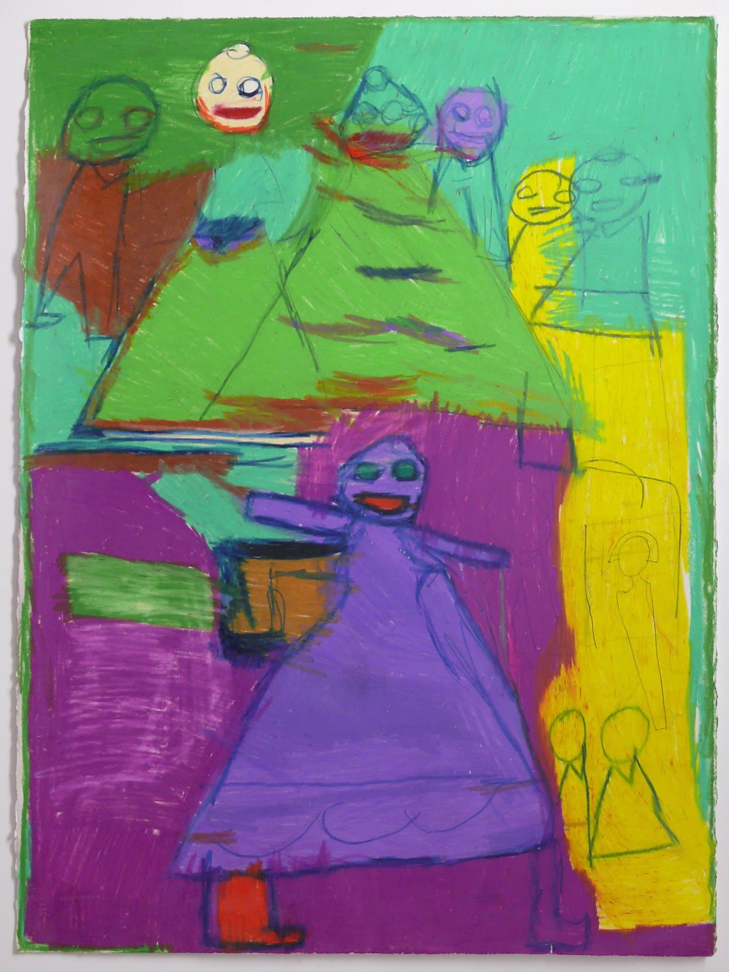 Colorful drawing with cartoon-like figures in bright green, purple, and yellow sections, mixed media on paper