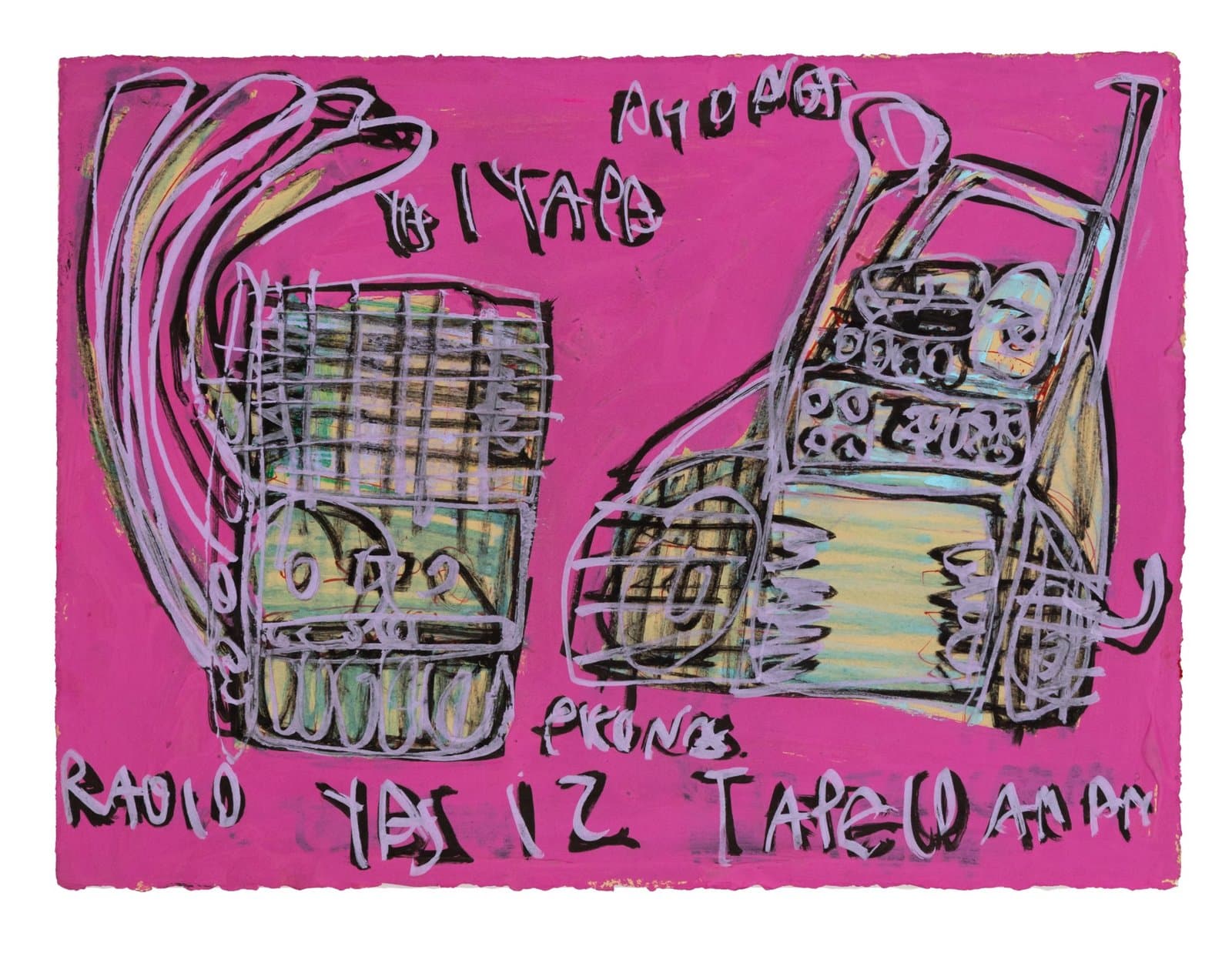 Mixed media drawing of two electronic devices with handwritten text on bright pink paper background.