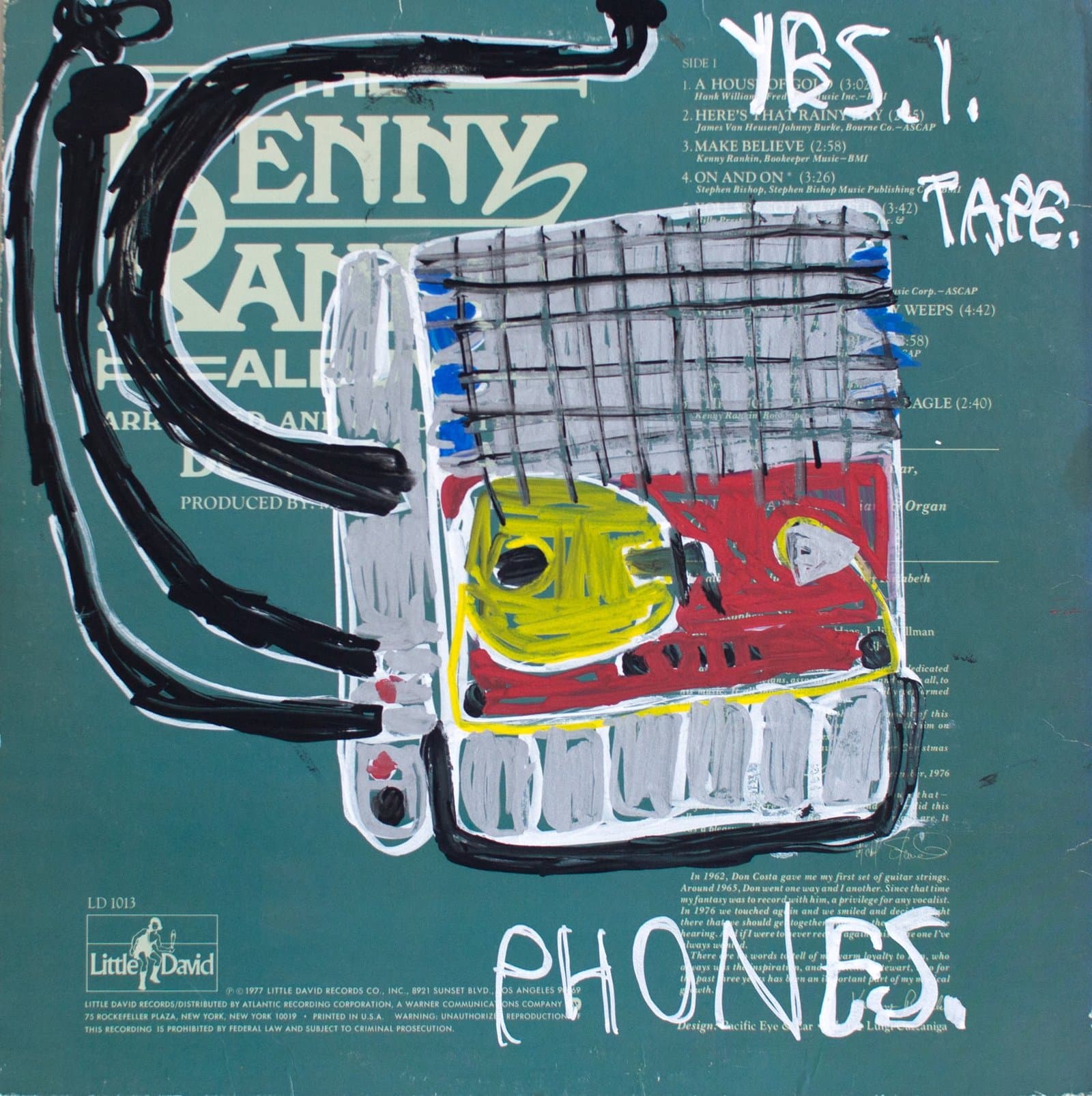 Mixed media artwork featuring painted imagery over vinyl record album cover with visible track listing and text