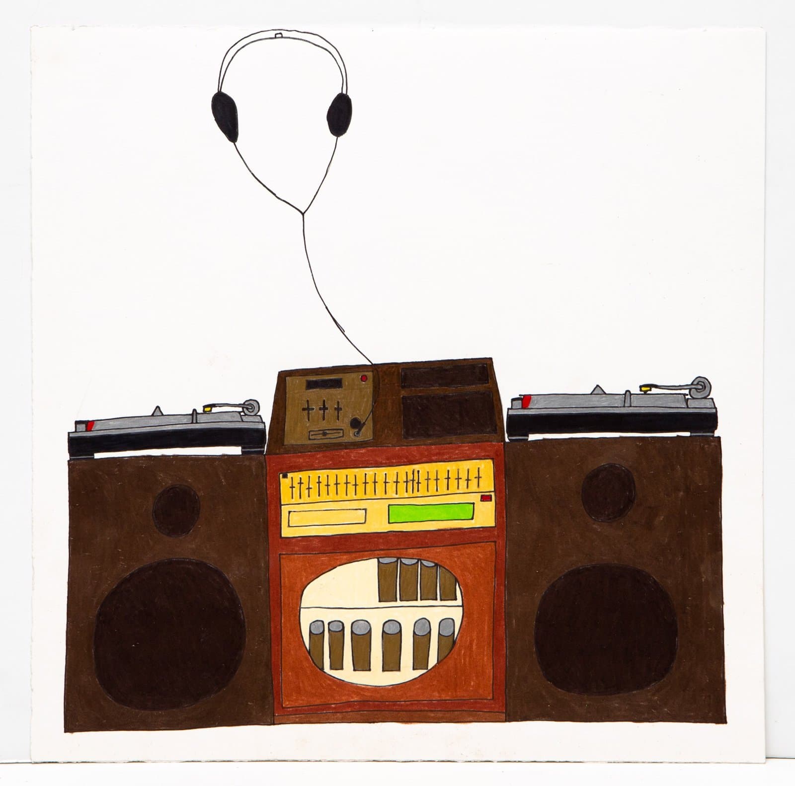 Ink drawing of a vintage boom box stereo with turntables and headphones on white paper