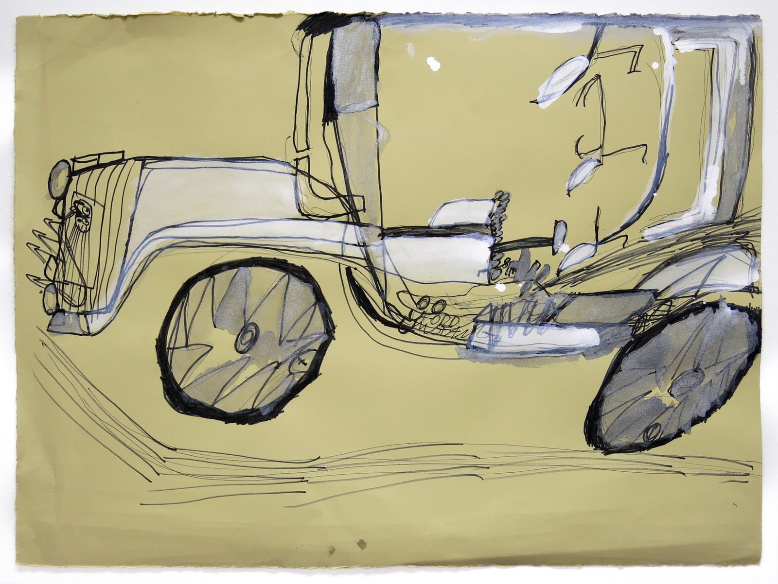 Mixed media drawing of a vintage military-style jeep on tan paper with loose, gestural line work
