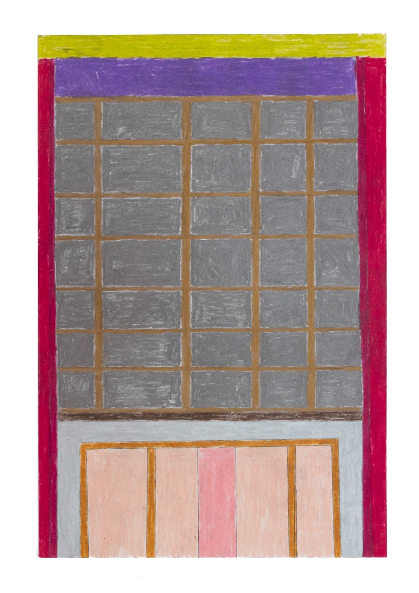 Colored pencil drawing depicting a geometric grid pattern with gray rectangles above pink vertical strips on white paper.