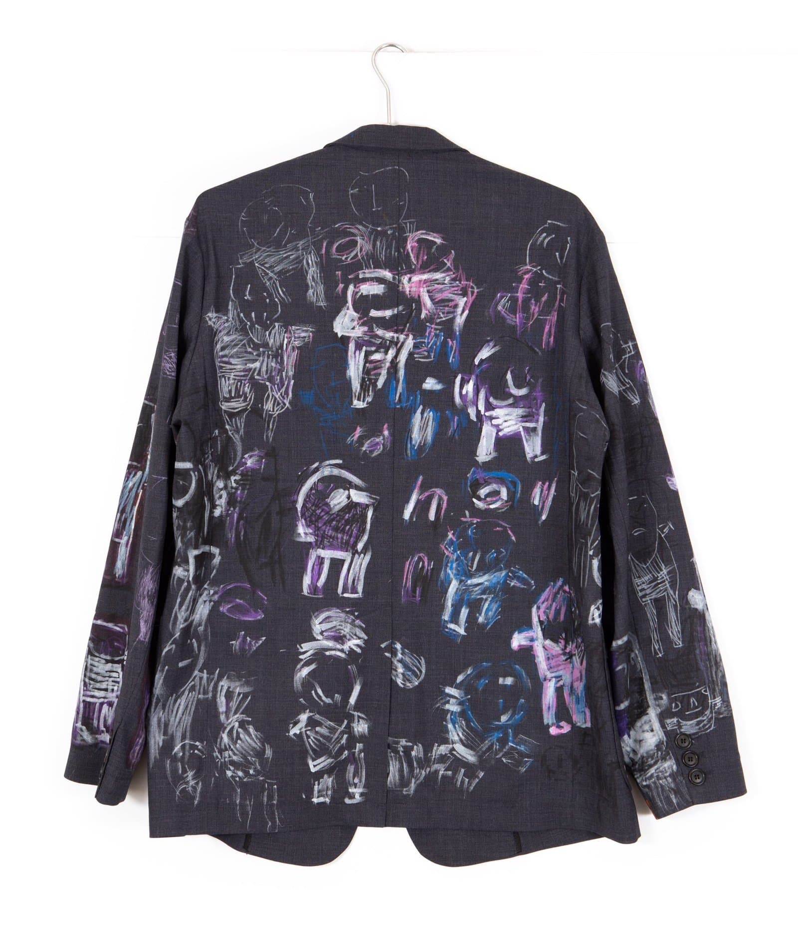 Black suit jacket with colorful drawings of human figures in marker and colored pencil covering the back and sleeves.