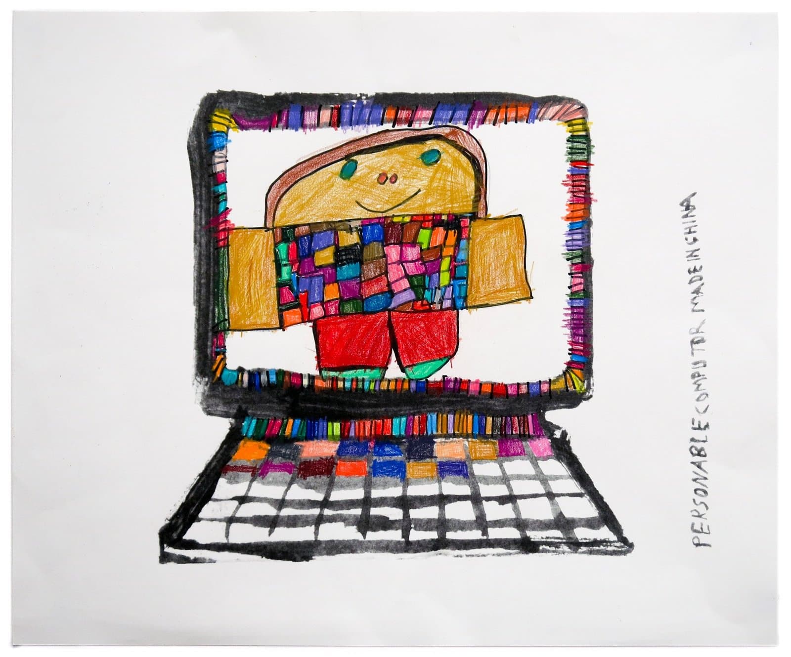 Drawing of a laptop computer with colorful figure on screen, rendered in marker and colored pencil on white paper.