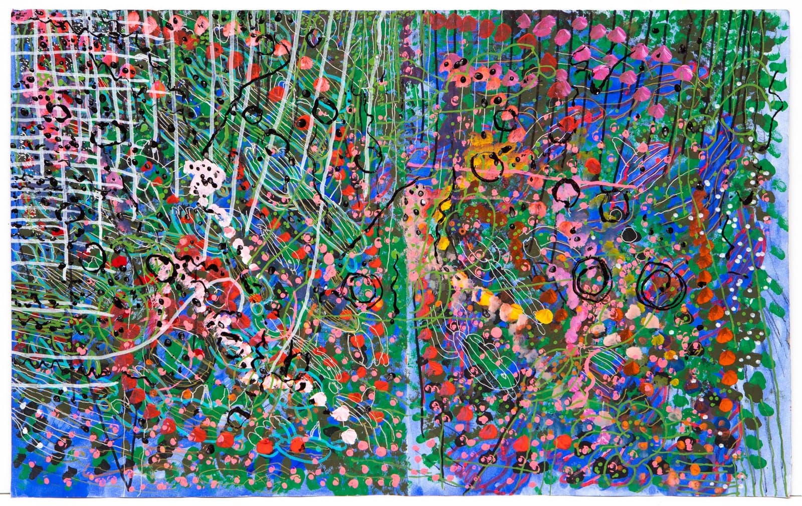 Abstract acrylic painting with dense layered marks, circles, and linear elements in bright colors on white paper.