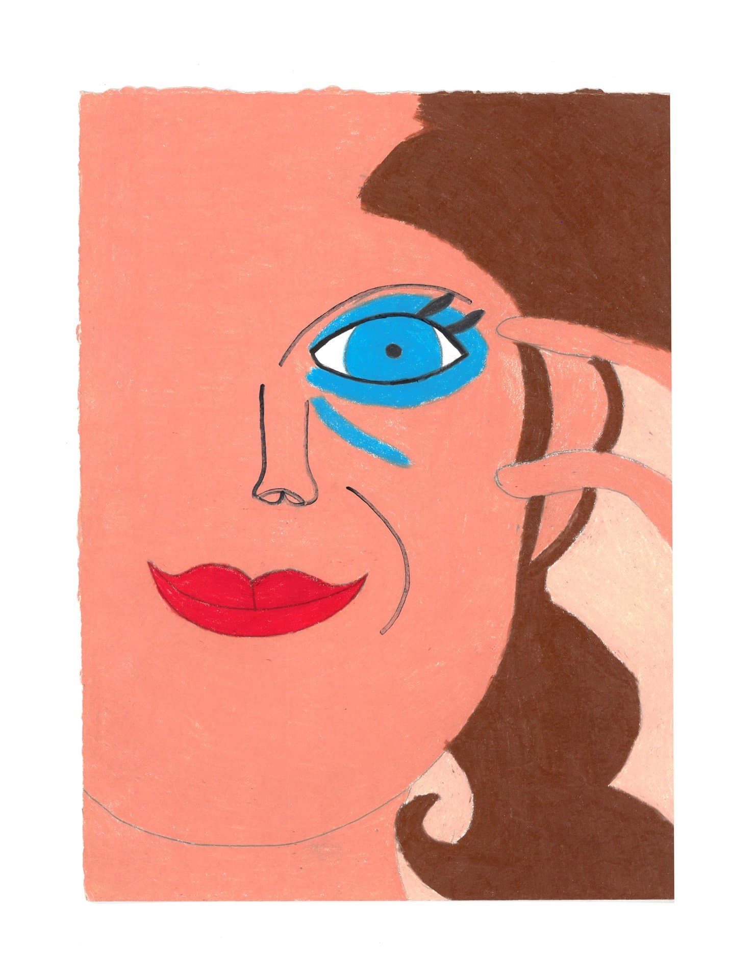 Colored pencil drawing of a stylized face with blue eye, red lips, and brown hair on pink background