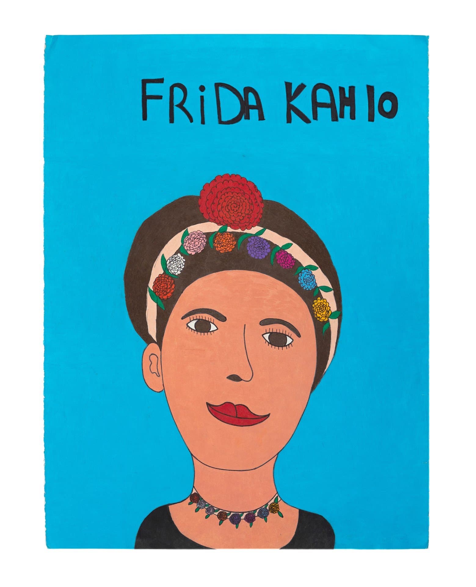 Portrait drawing in colored pencil showing a woman's face with floral headband and text 'FRIDA KAHLO' on bright blue background.