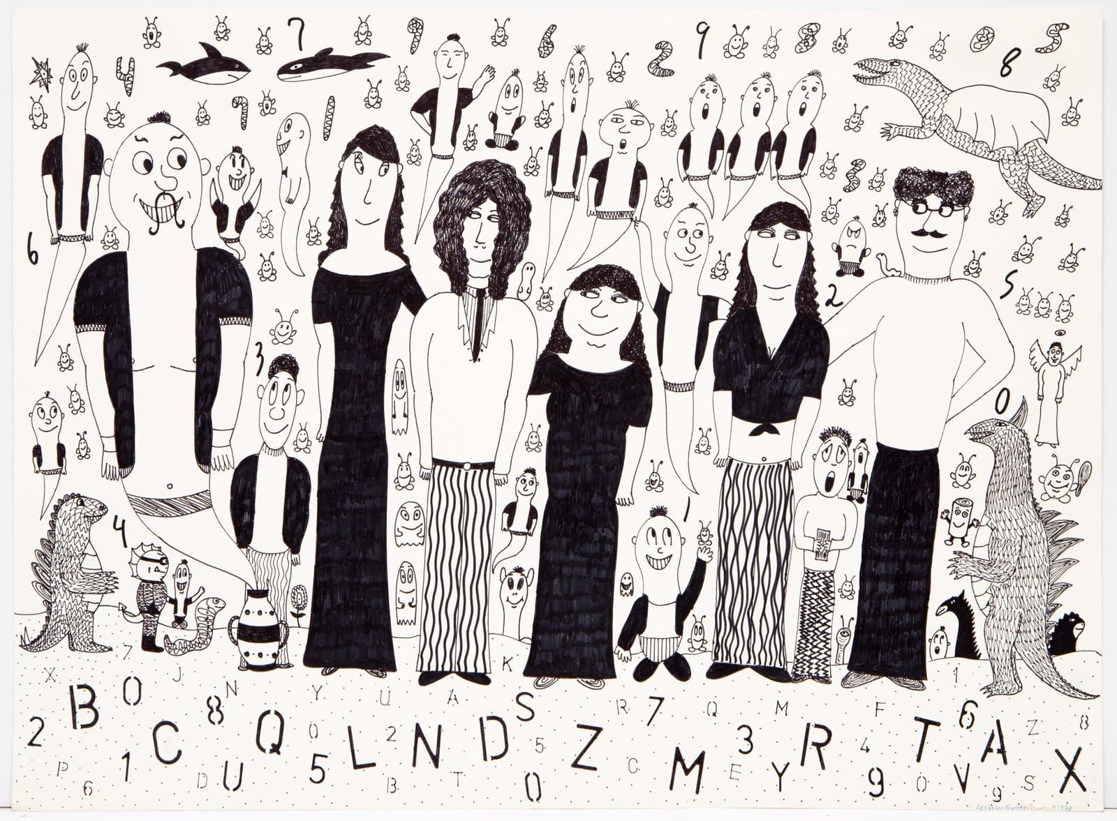 Black ink drawing on white paper depicting a group of people, animals, and scattered letters and numbers across the composition.