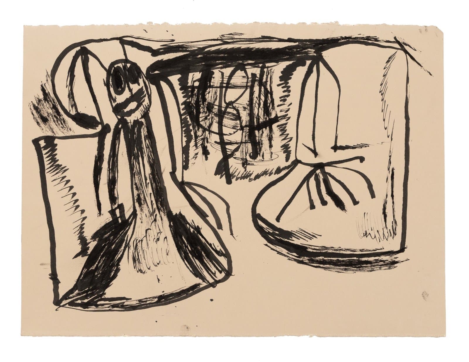 Ink drawing on beige paper showing abstract linear figures and forms with bold black strokes and cross-hatching